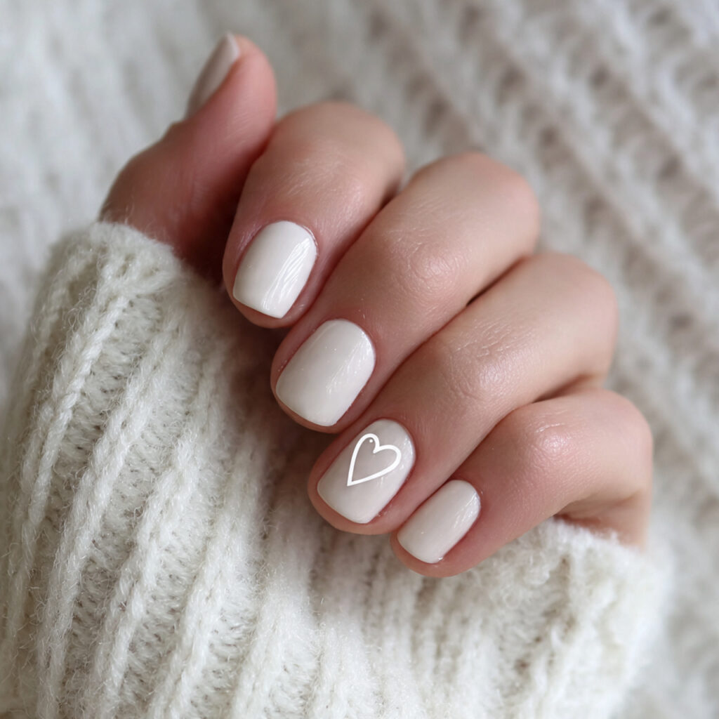 26 Neutral Valentine Nails for Short and Cozy Styles 16 creamy nails with a tiny heart outline