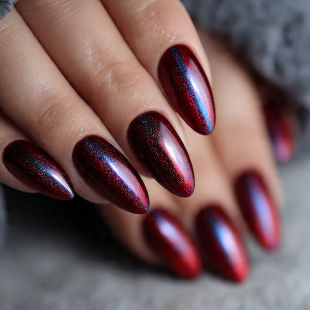 crimson cat eye nails feature a deep