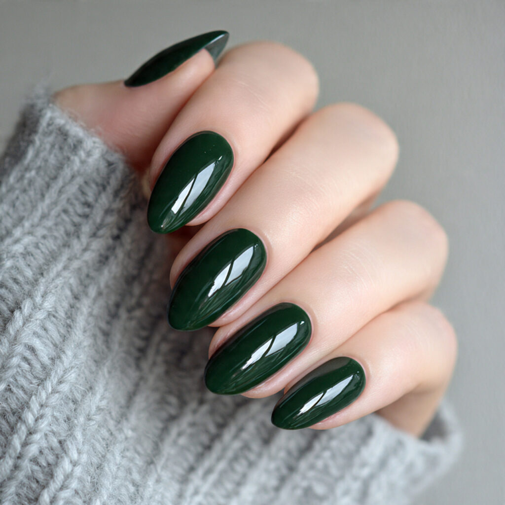 dark green almond nails pair deep rich