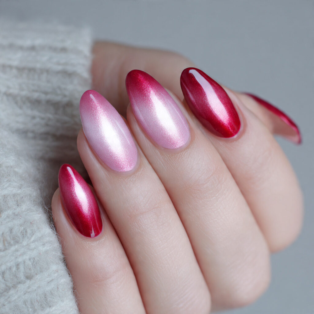dual tone pink and red cat eye nails