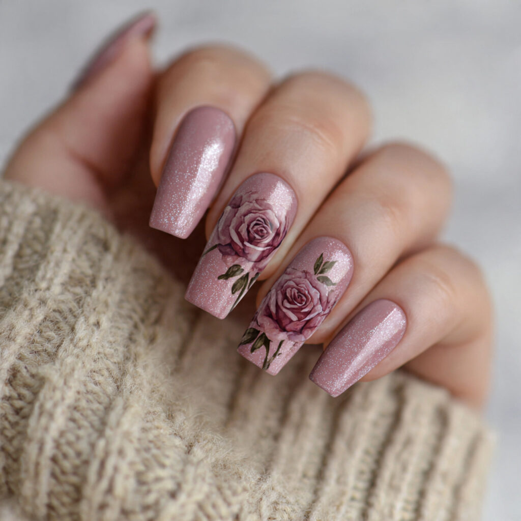 dusty rose monochrome nails pin style with