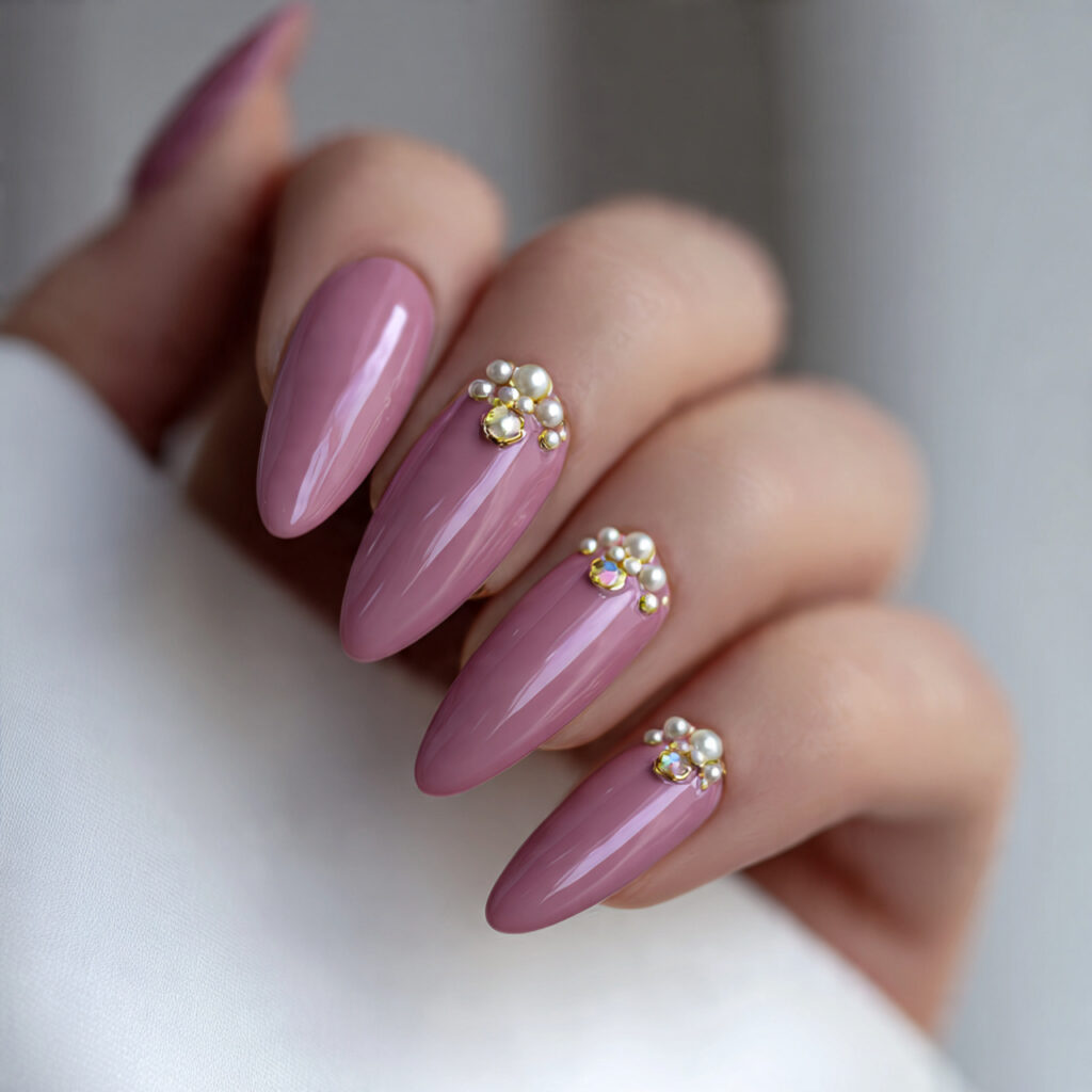 dusty rose valentine nails almond long with