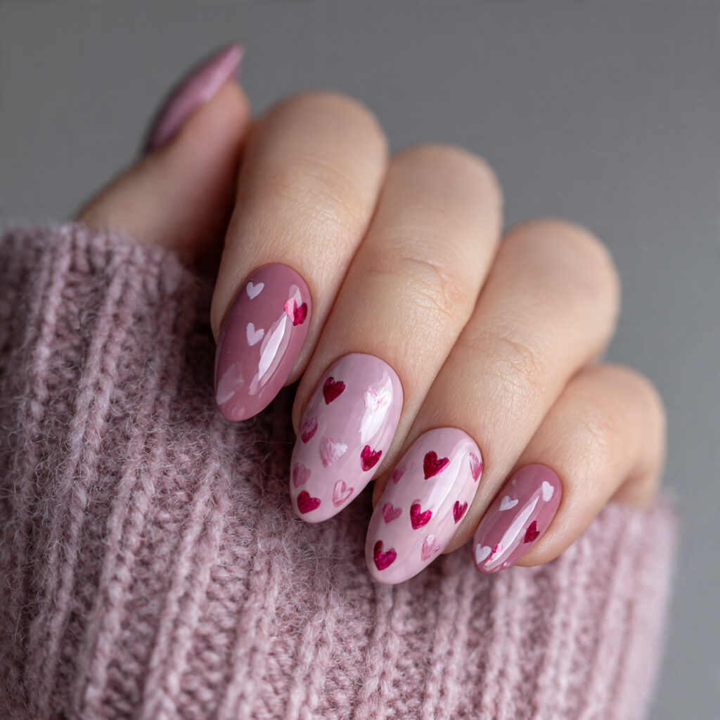 dusty rose valentine nails almond pink
