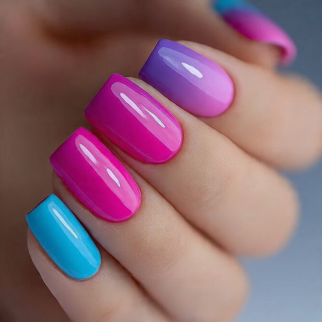 electric pink and blue nails alternate or
