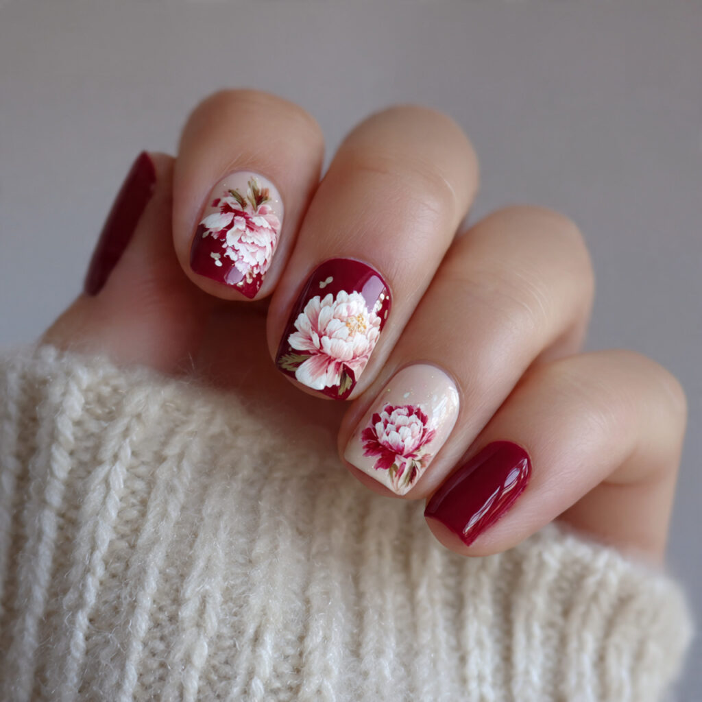 elegant short nails with peonies in soft