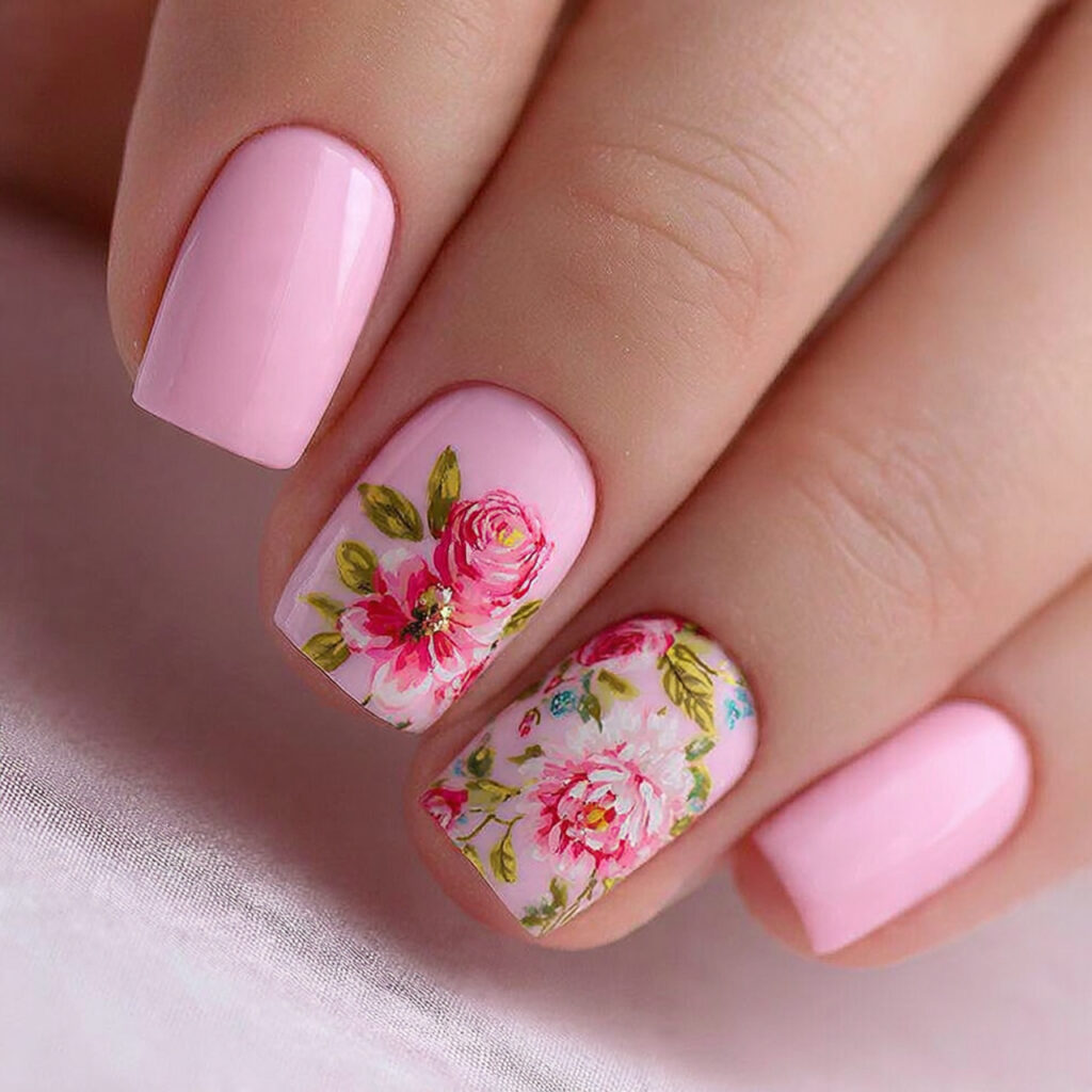 floral pink accent nails combine solid pink