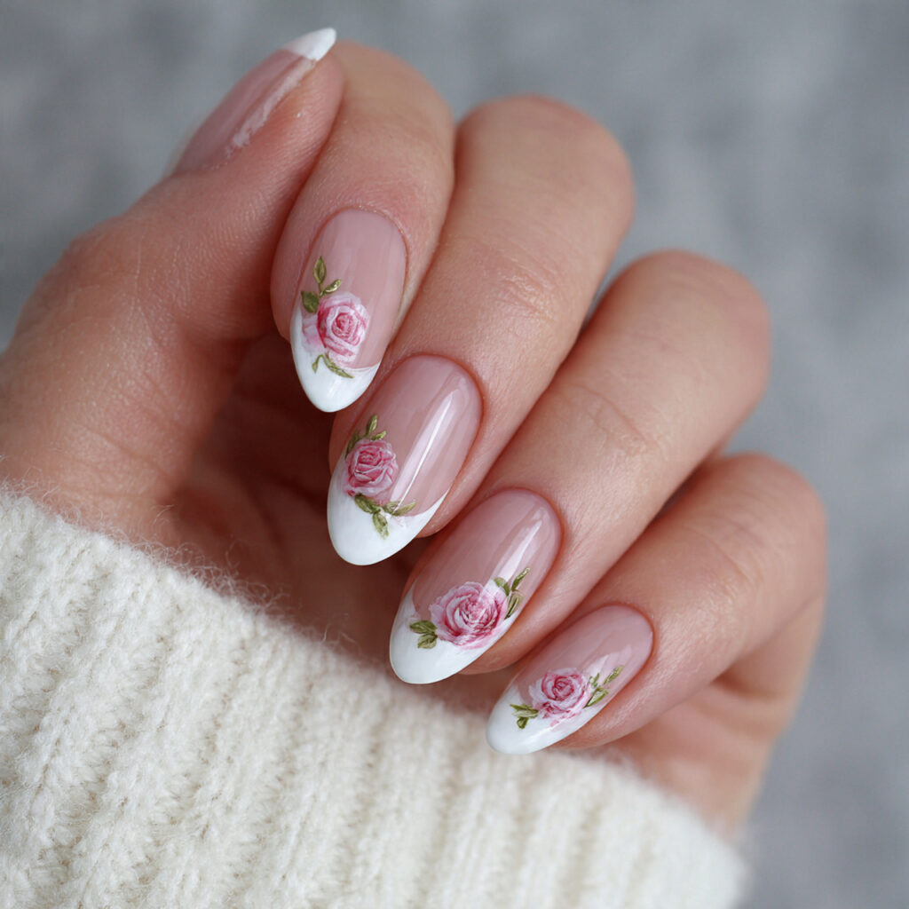 french tips with rose decals create romantic 1