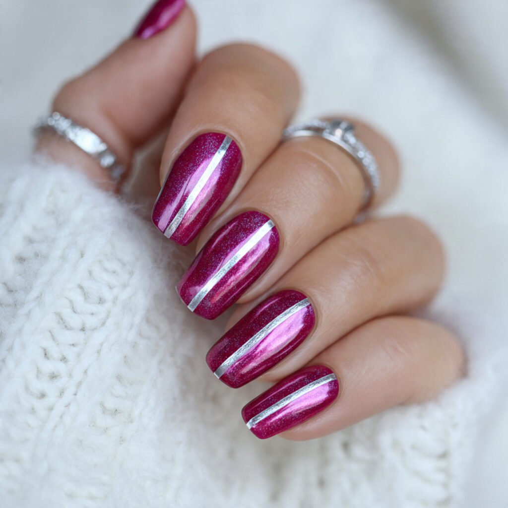 fuchsia cat eye nails with a silver