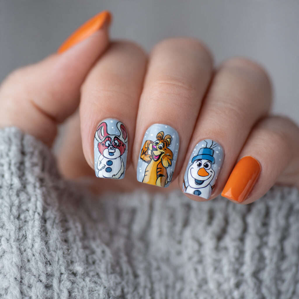 fun winter nails with cartoon art feel