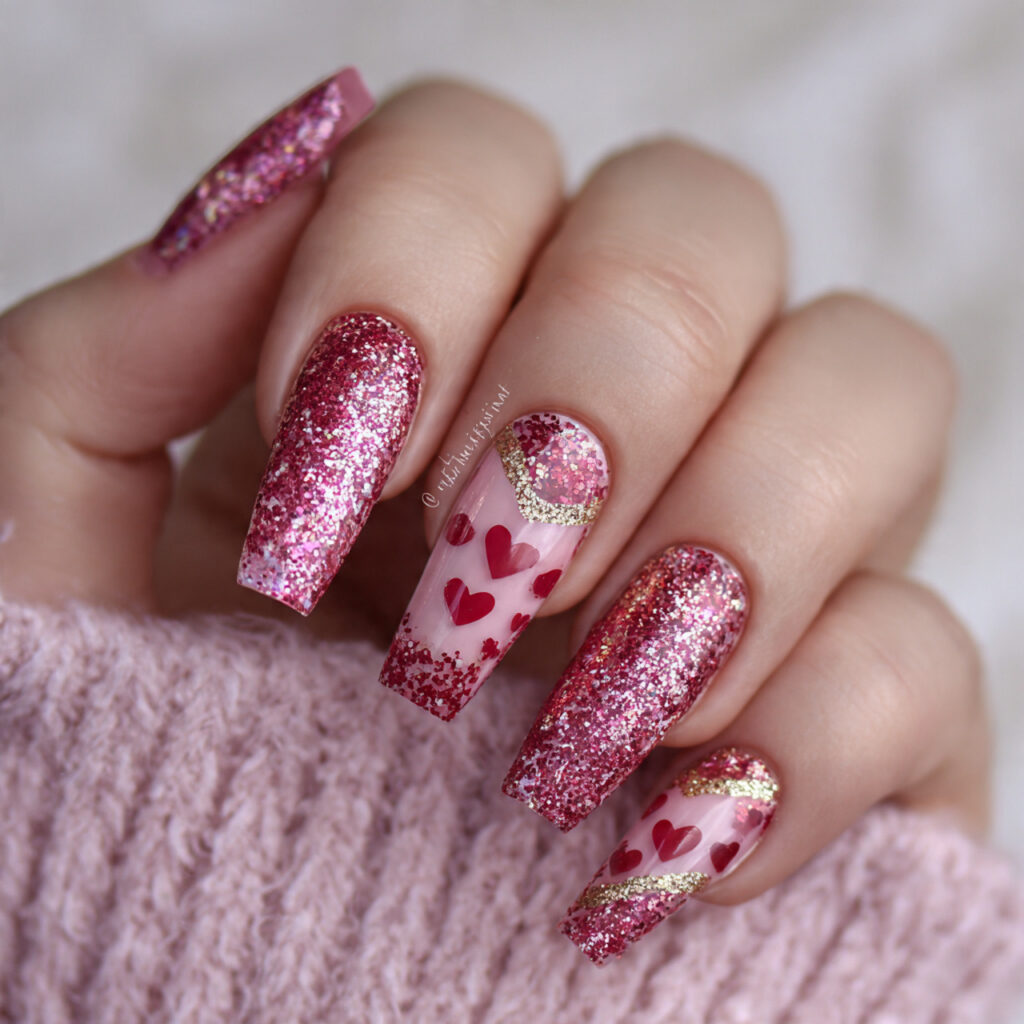 glitter accent coffin valentine nails