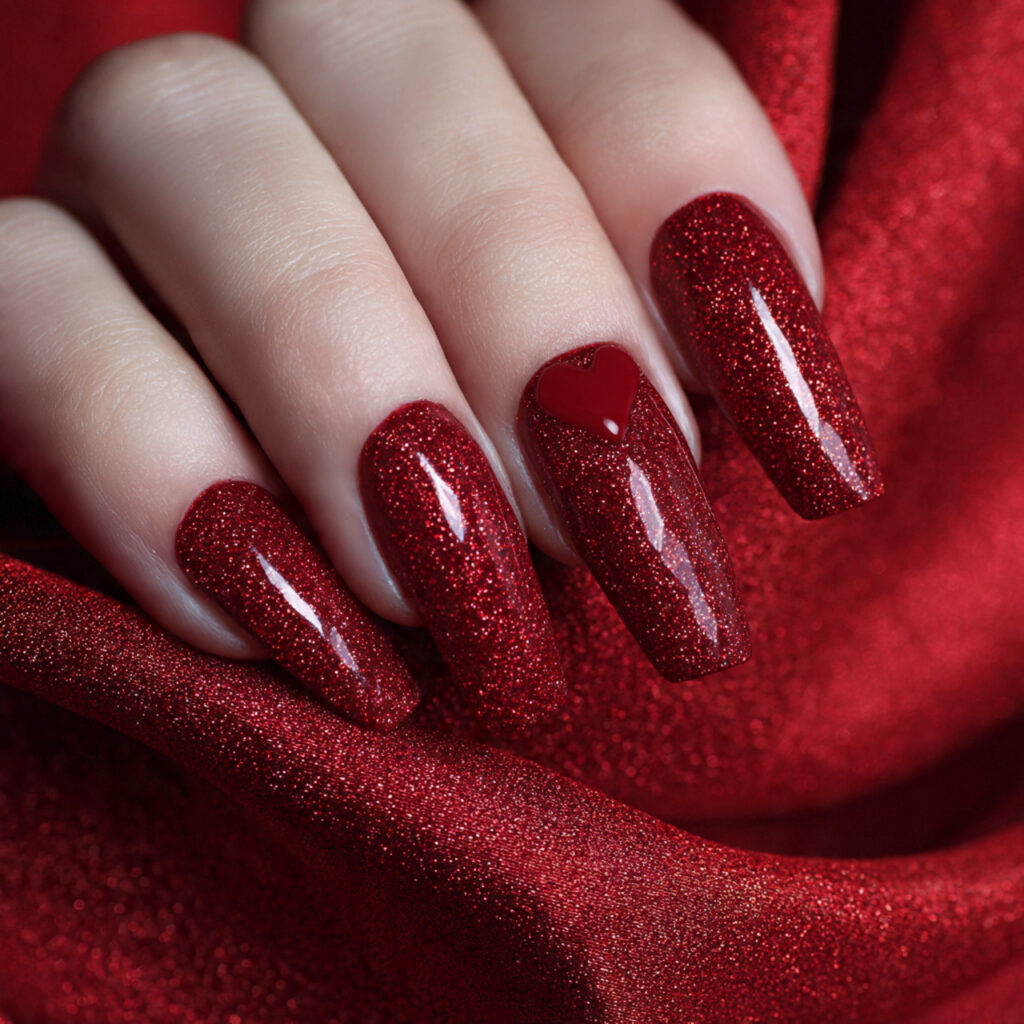 glitter red coffin valentine nails