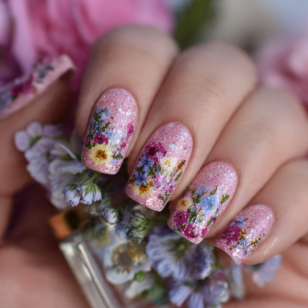 glitter wildflower nails