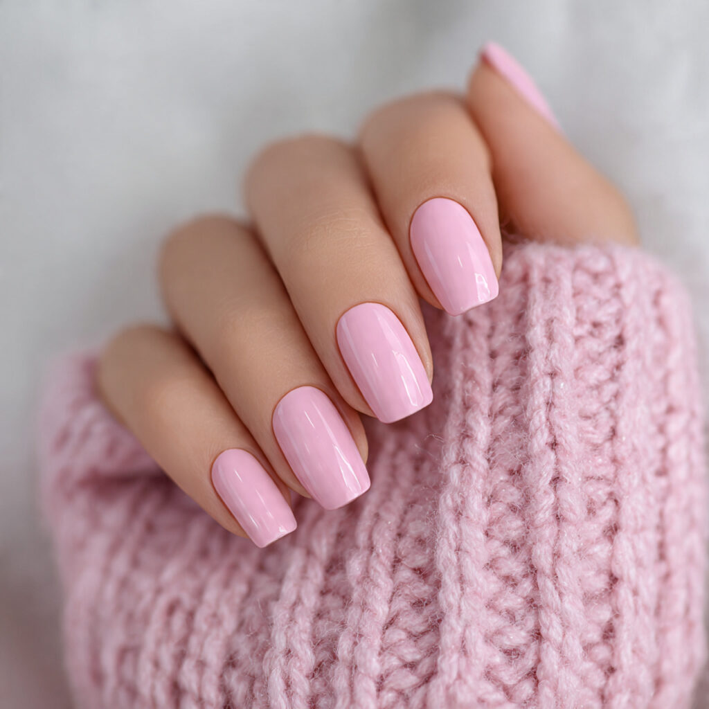 glossy baby pink short square valentine nails