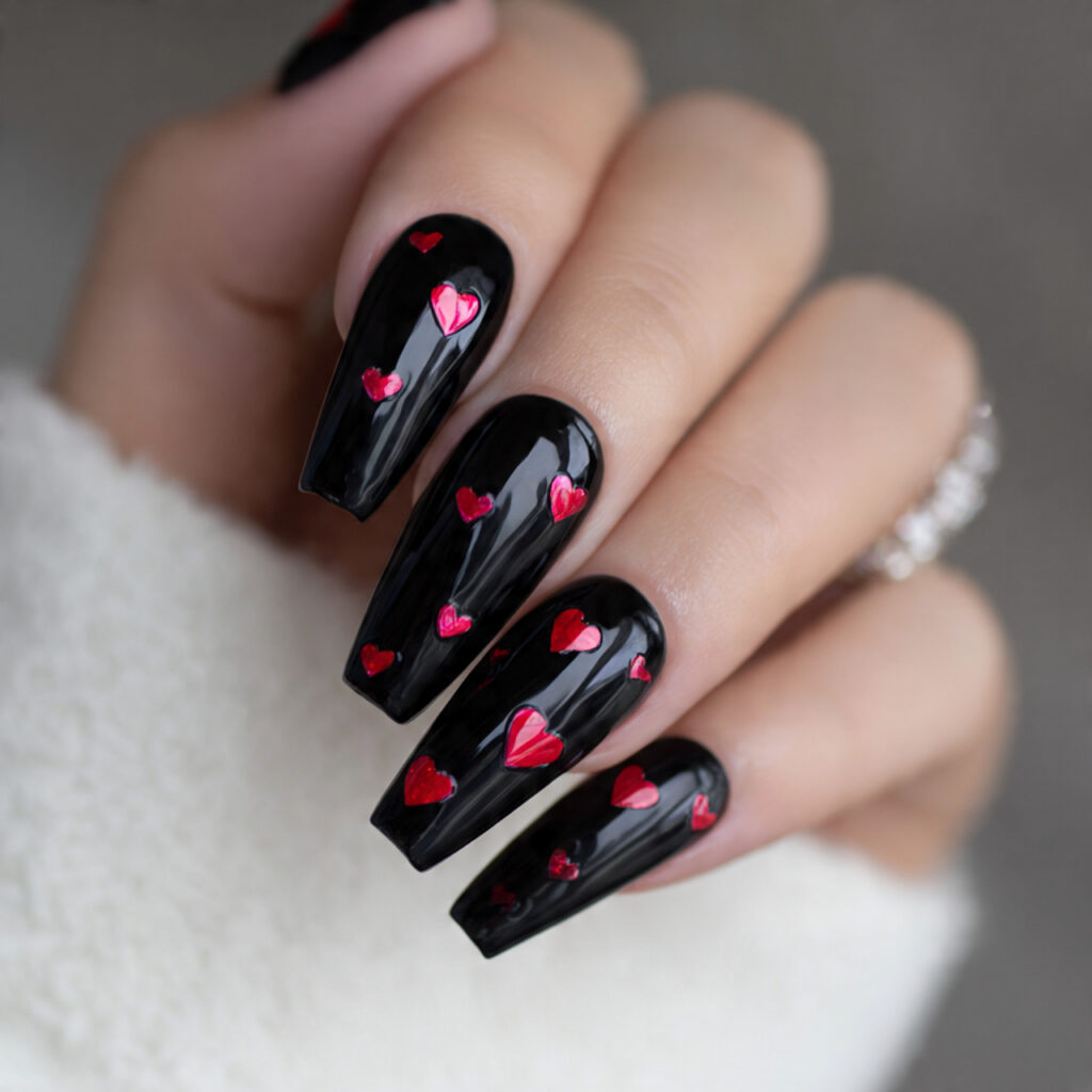 glossy black coffin valentine nails with hearts