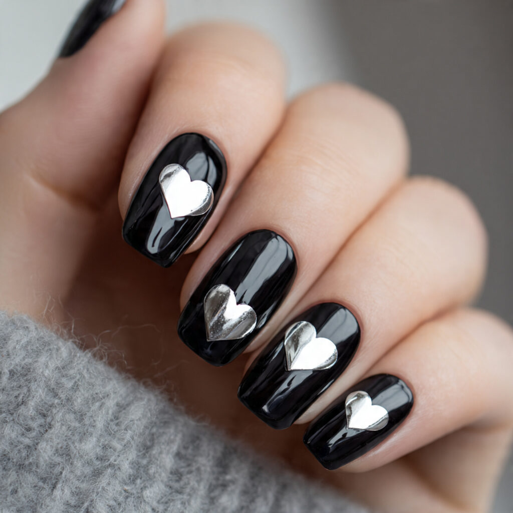glossy black nails featuring silver chrome hearts