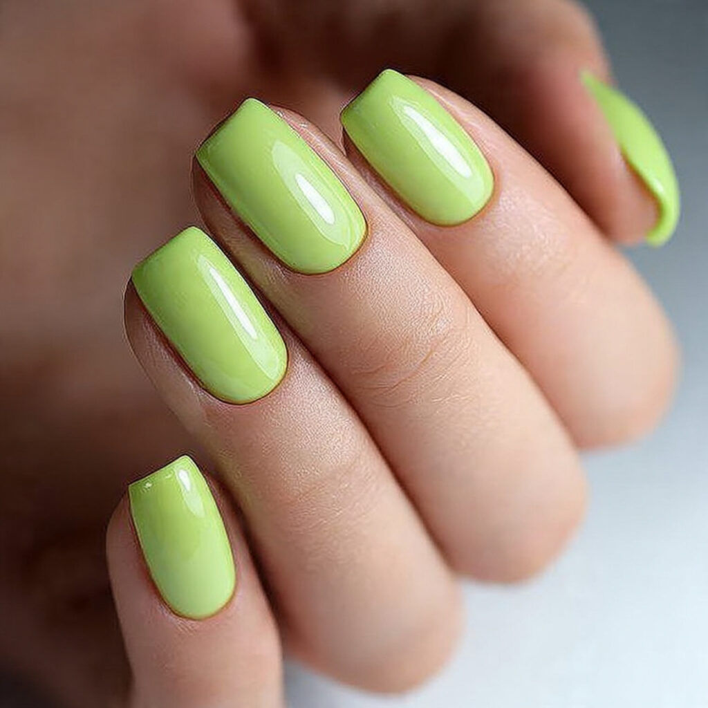 glossy light green nails bring brightness and