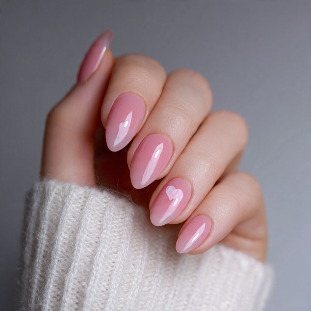 glossy natural almond valentine nails focus on