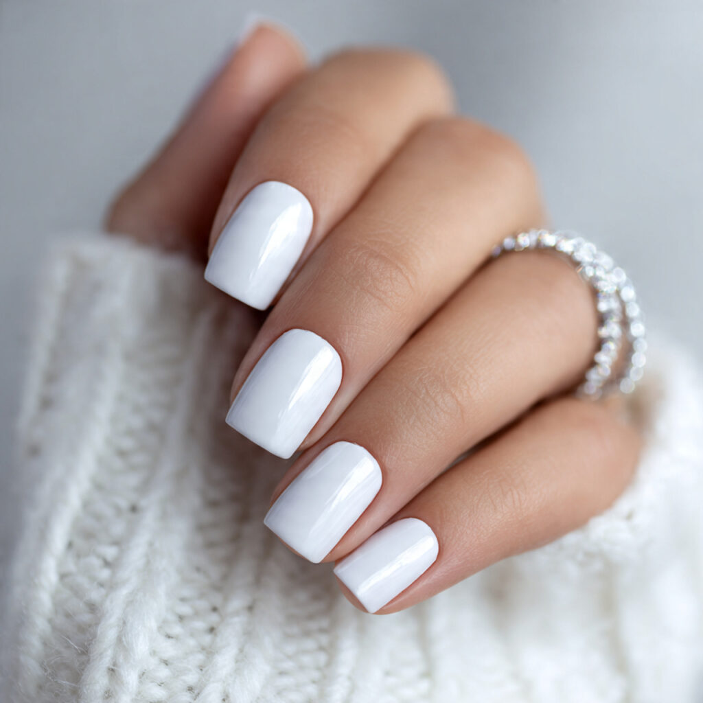 glossy white nails create a clean and