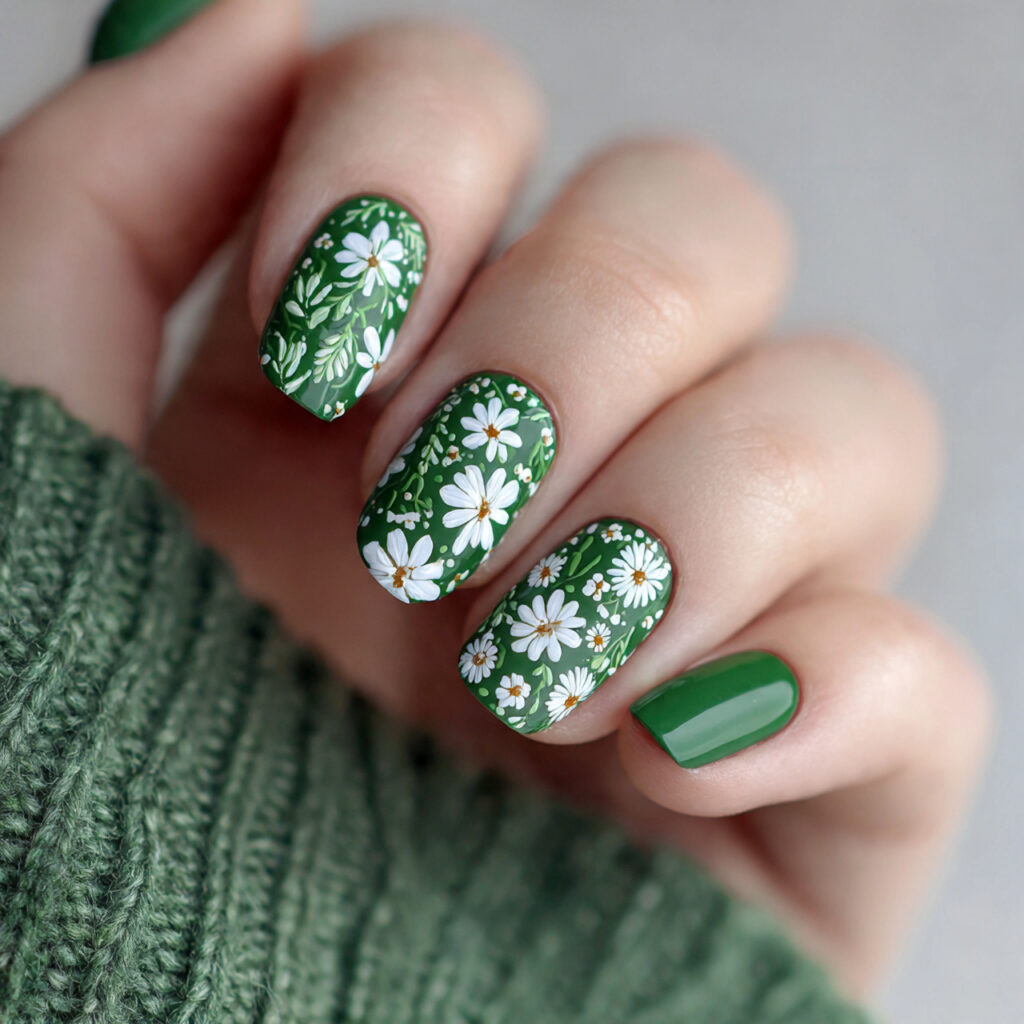 green and white floral nails combine various