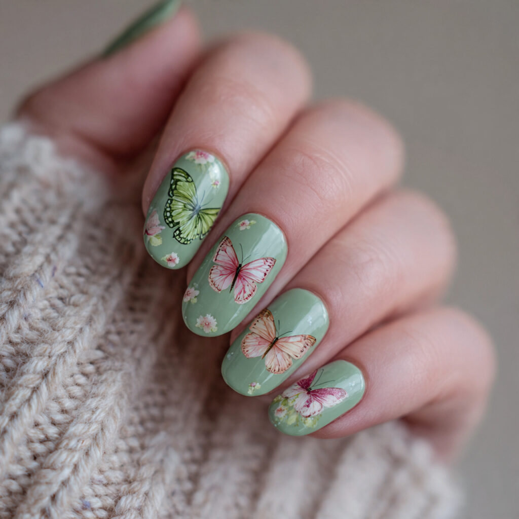green butterfly nails feature delicate butterfly illustrations