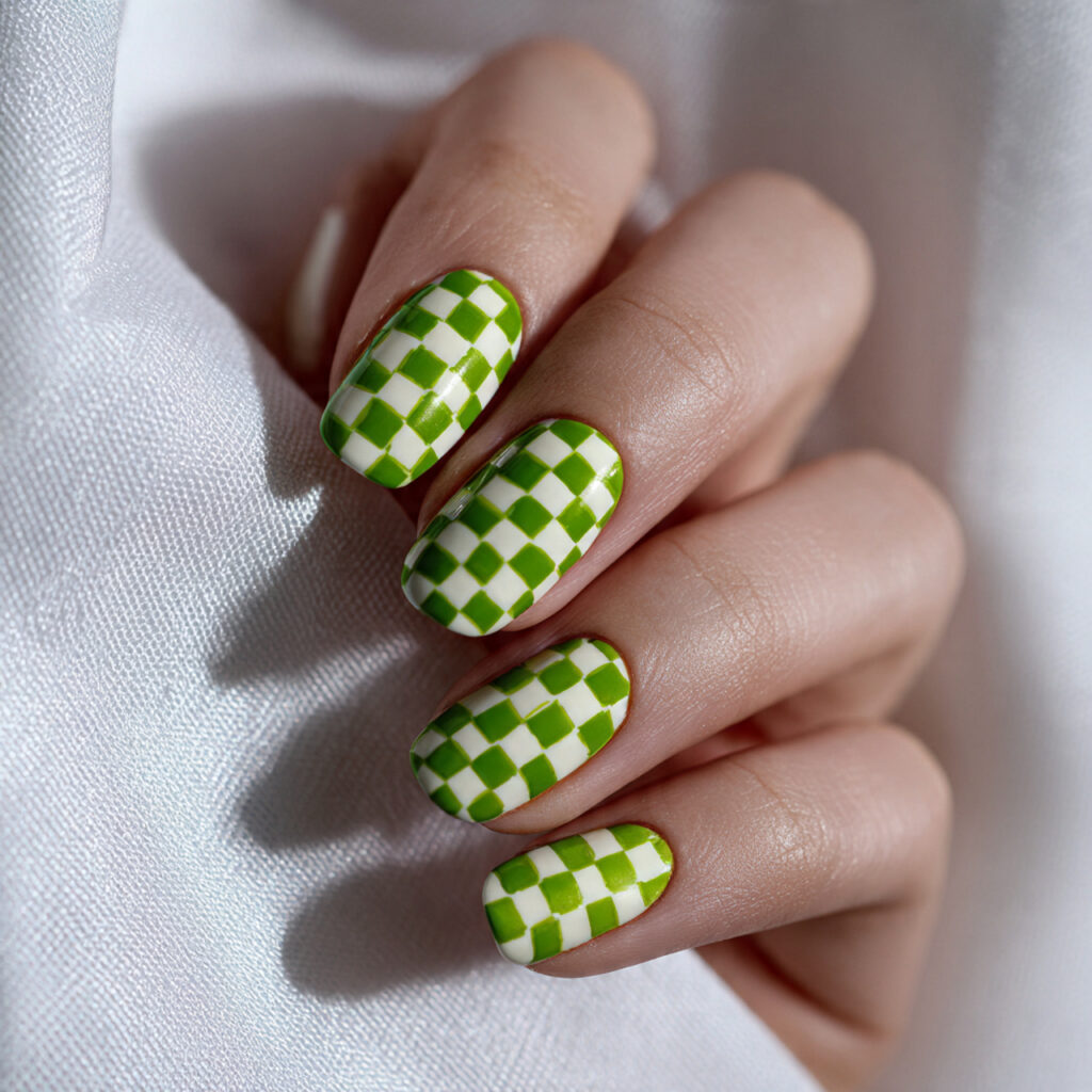 green checkerboard nails recreate the classic geometric