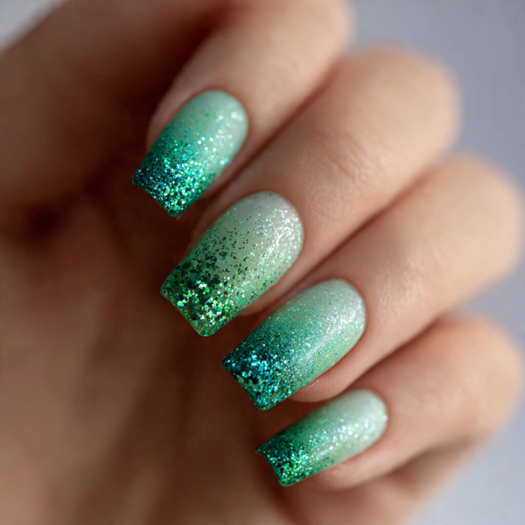 green glitter gradient nails transition from solid
