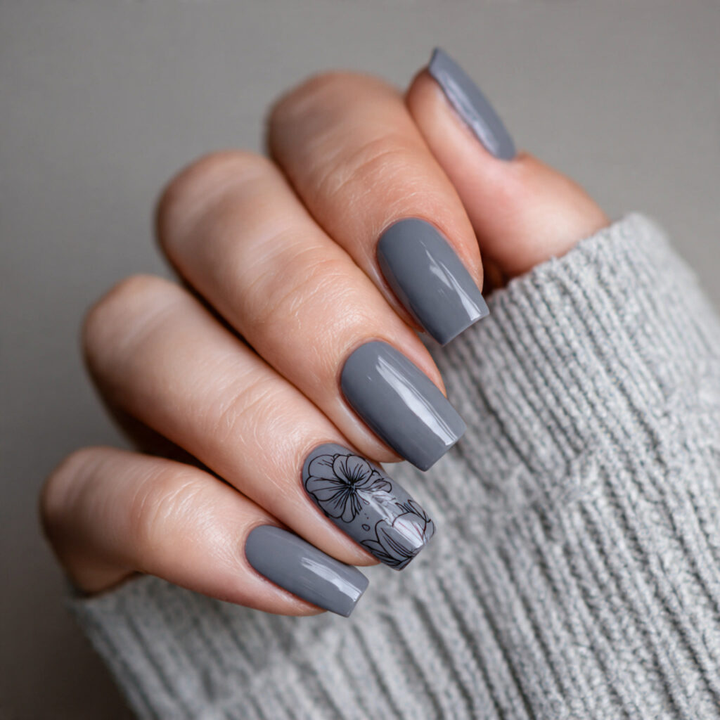 grey january nails with minimal line art