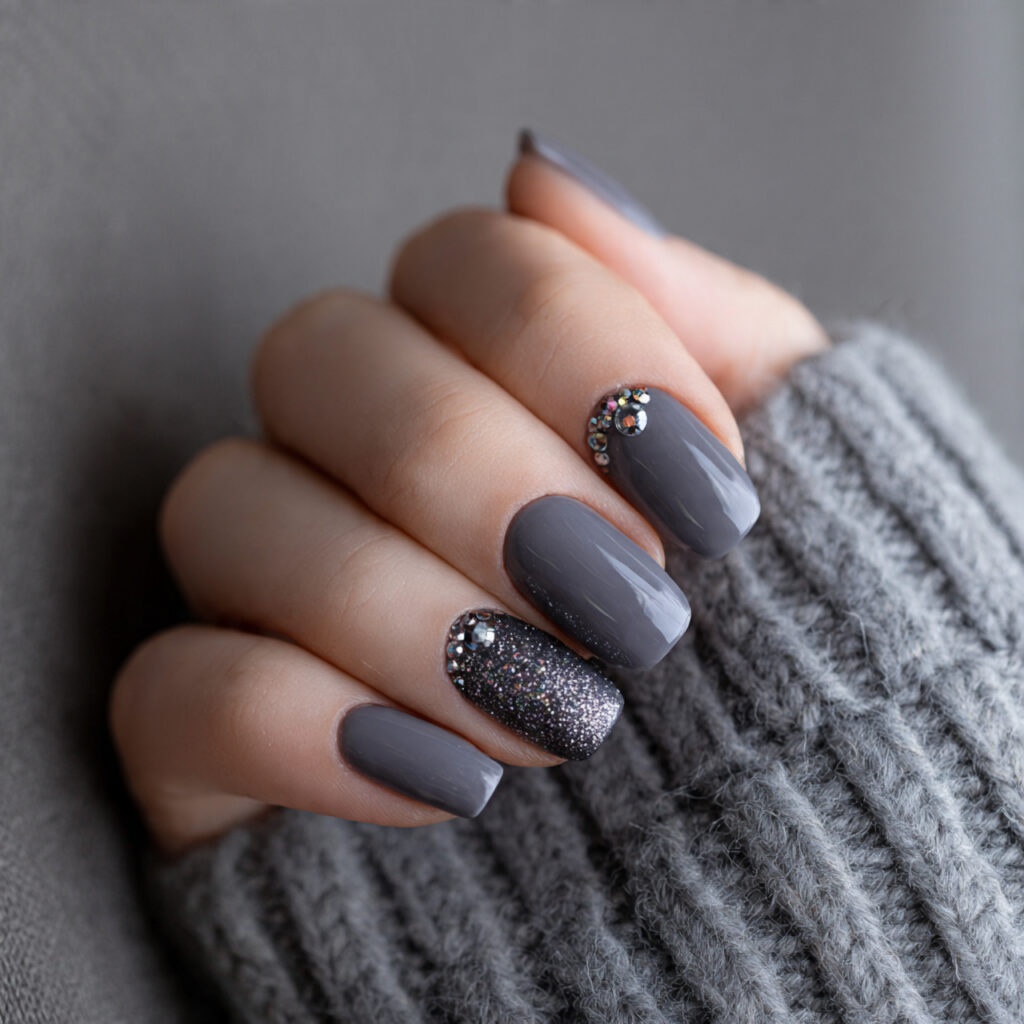 grey january nails with minimal rhinestones add