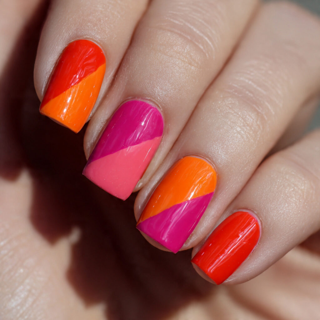 hot pink and orange color block nails