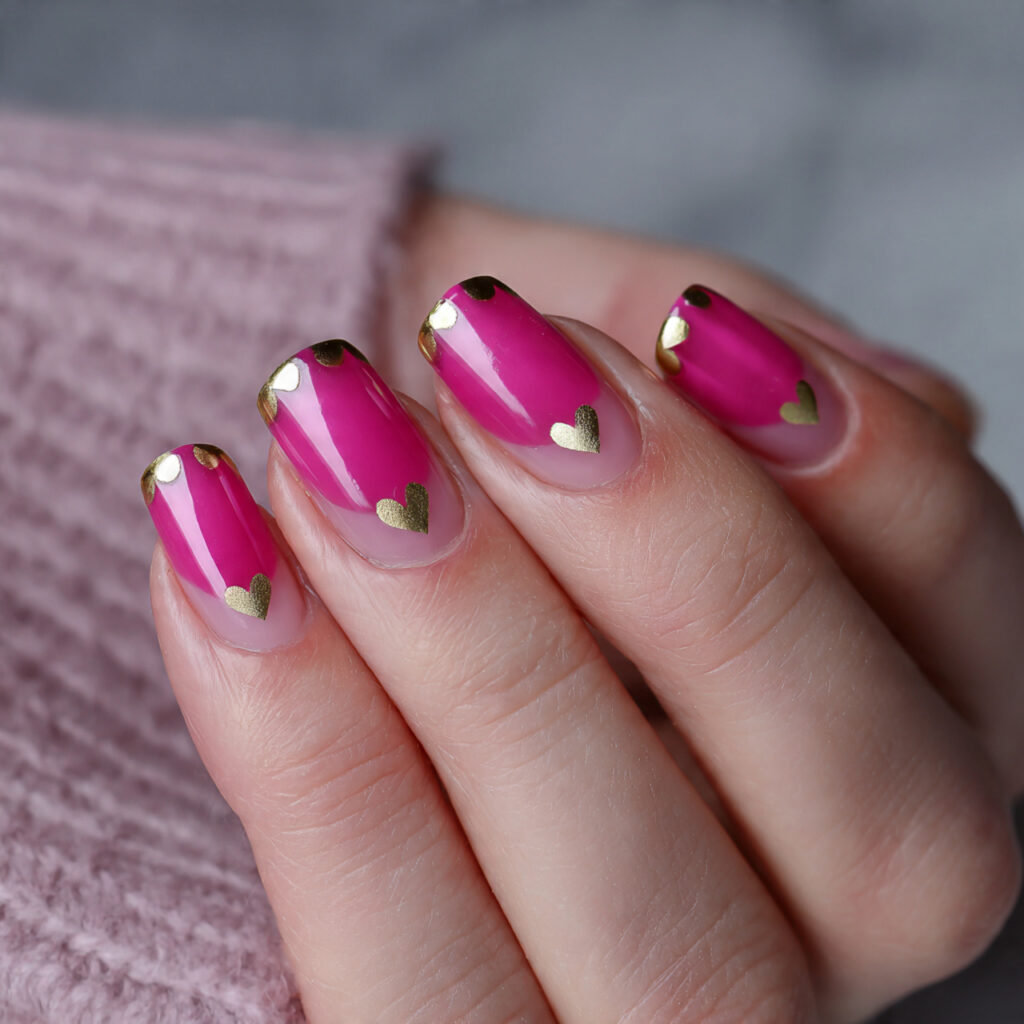 hot pink french tips with gold hearts