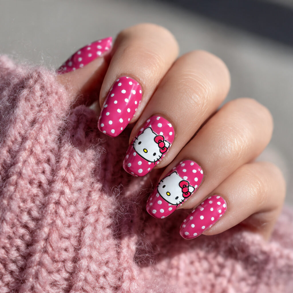 hot pink nails with white polka dots