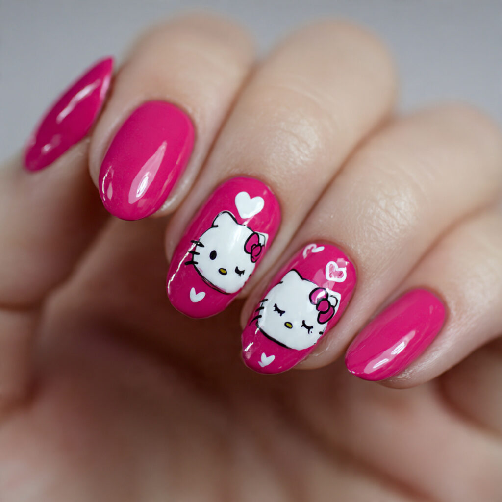 hot pink nails with winking hello kitty