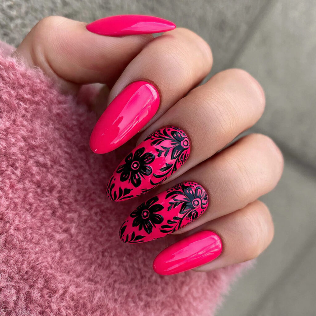 hot pink valentine nails almond long with