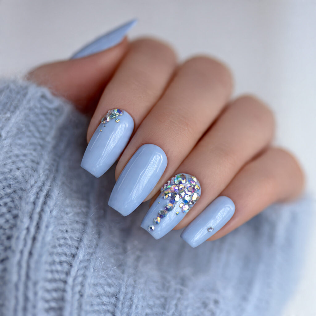 ice blue nails with diamond rhinestones create