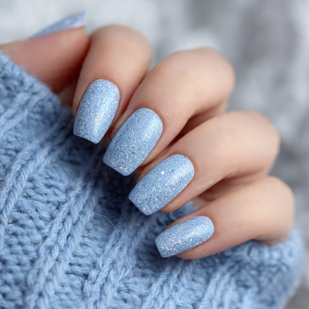 icy soft blue january nails with shimmer