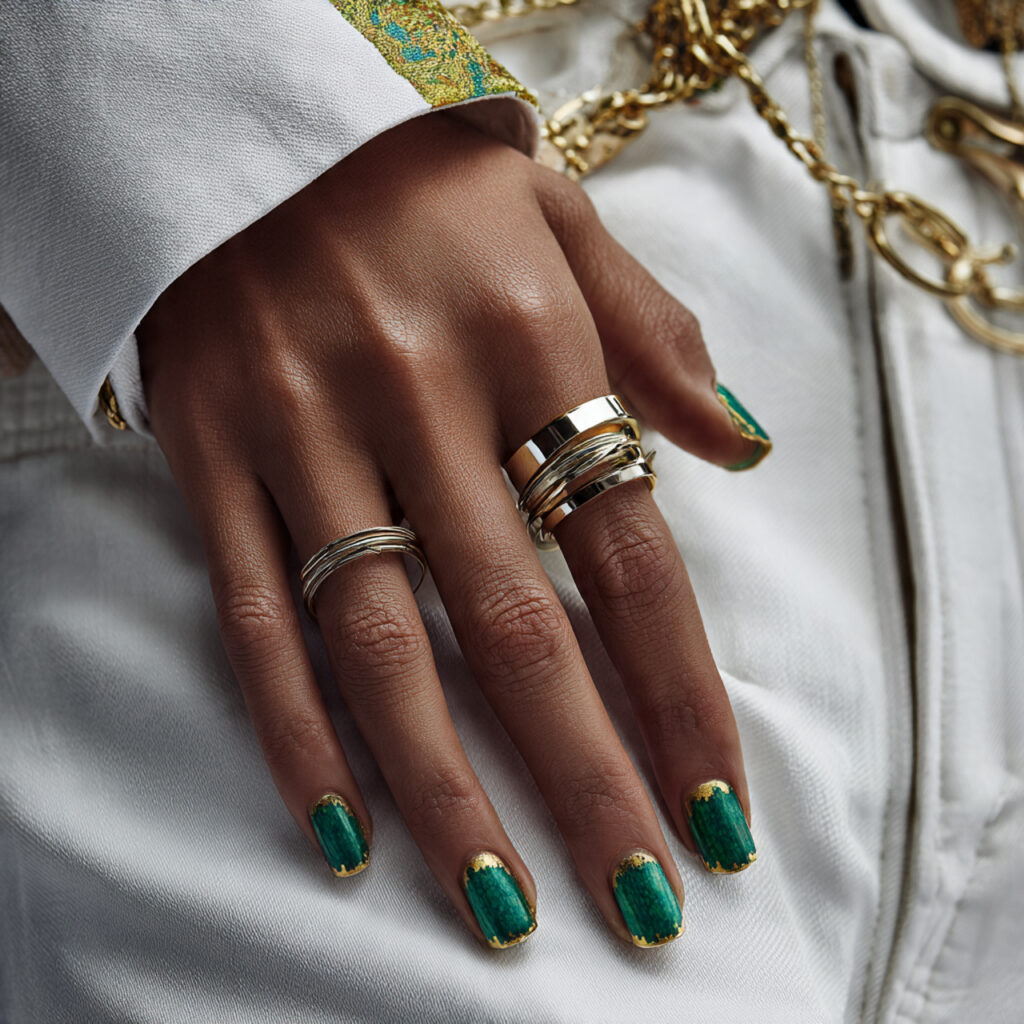 jade green nails with gold accents white