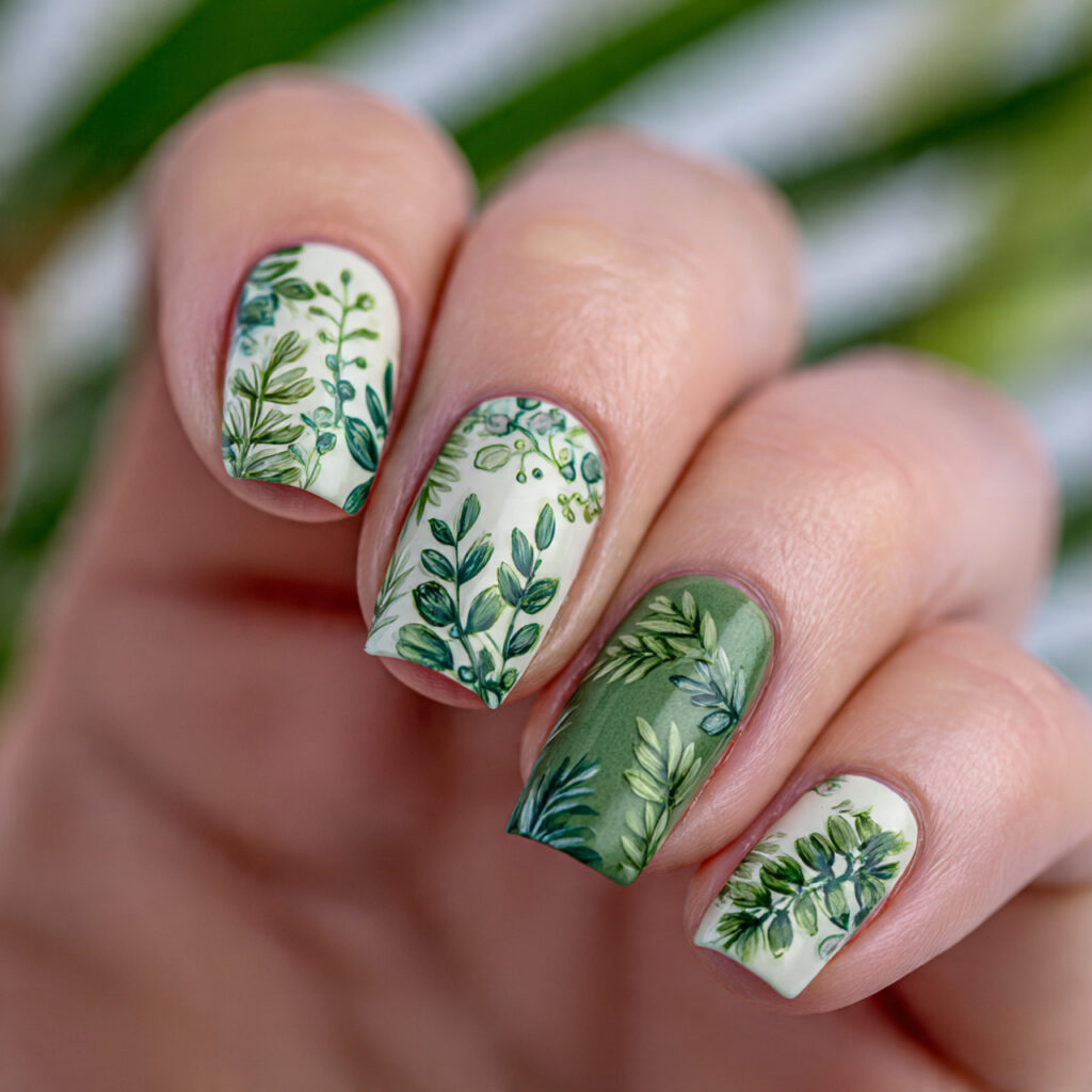 leaf and vine nail art features hand painted