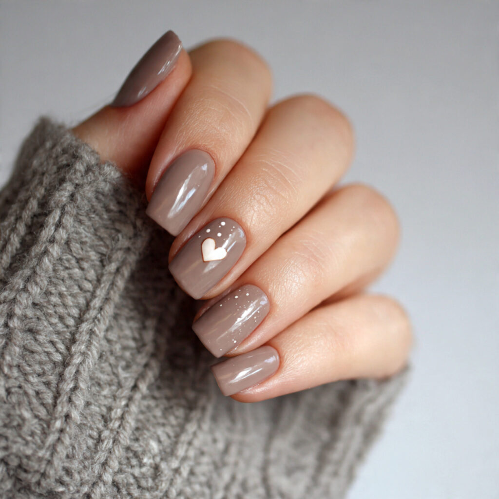 26 Neutral Valentine Nails for Short and Cozy Styles 19 light mocha nails with a single heart