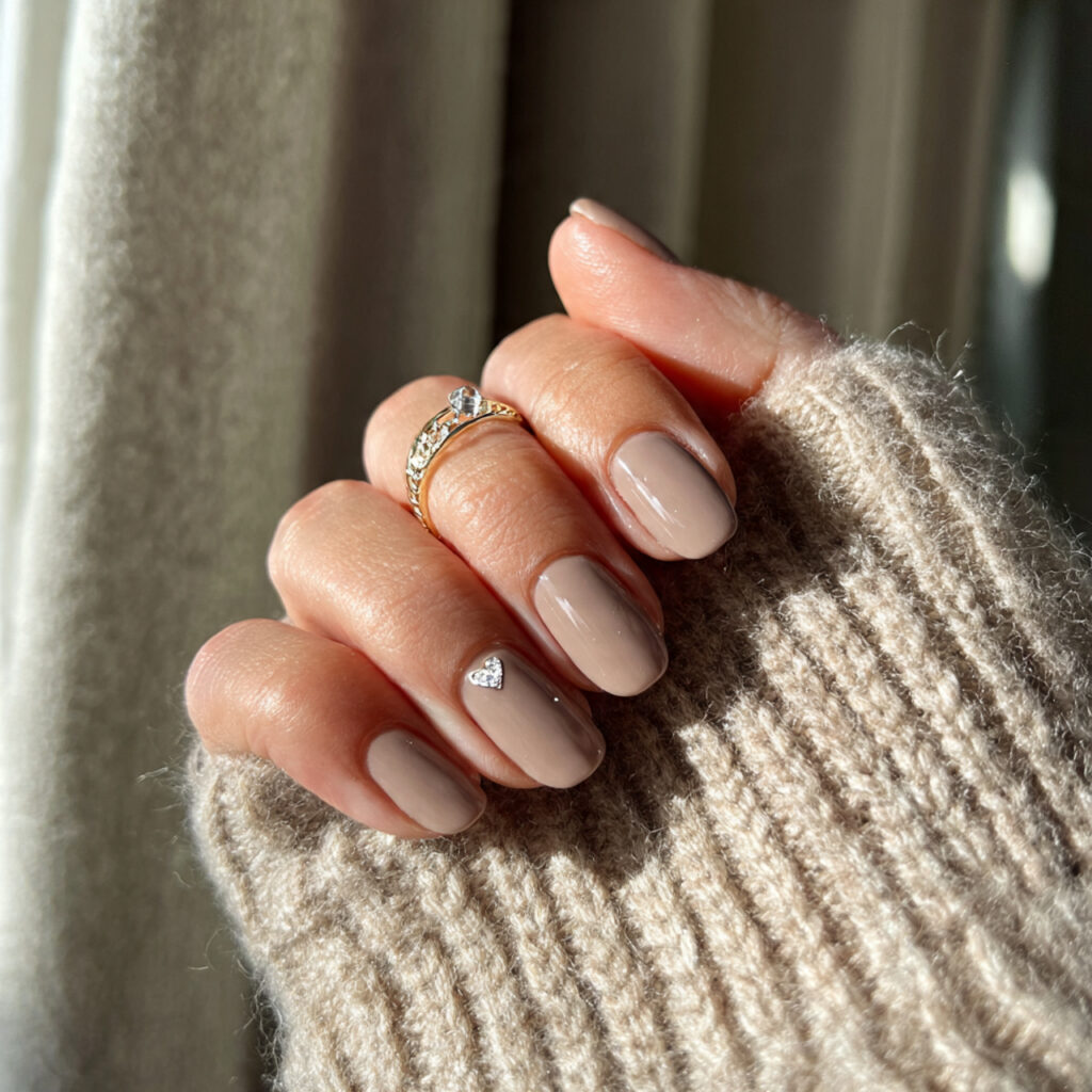 light mocha nails with tiny heart tip