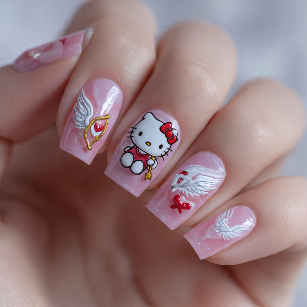 light pink nails featuring hello kitty with