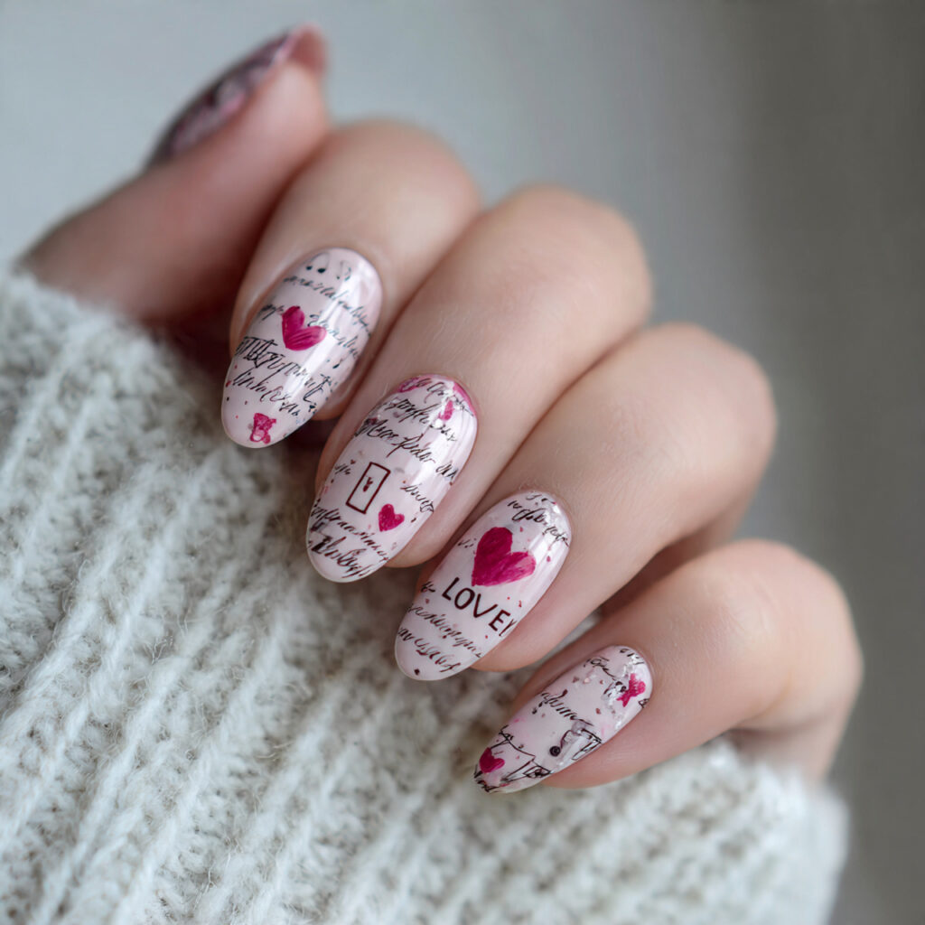 love script valentine nails feature small handwritten style