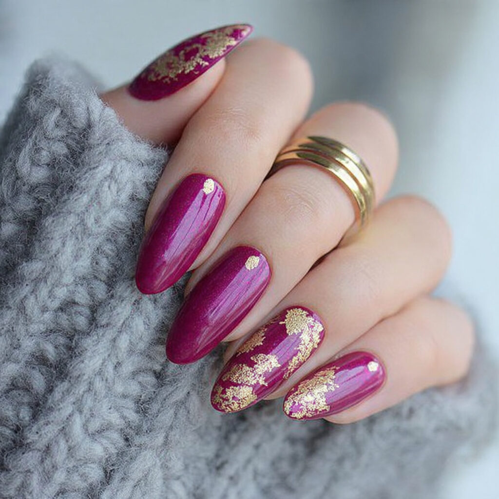 magenta cat eye nails with gold foil