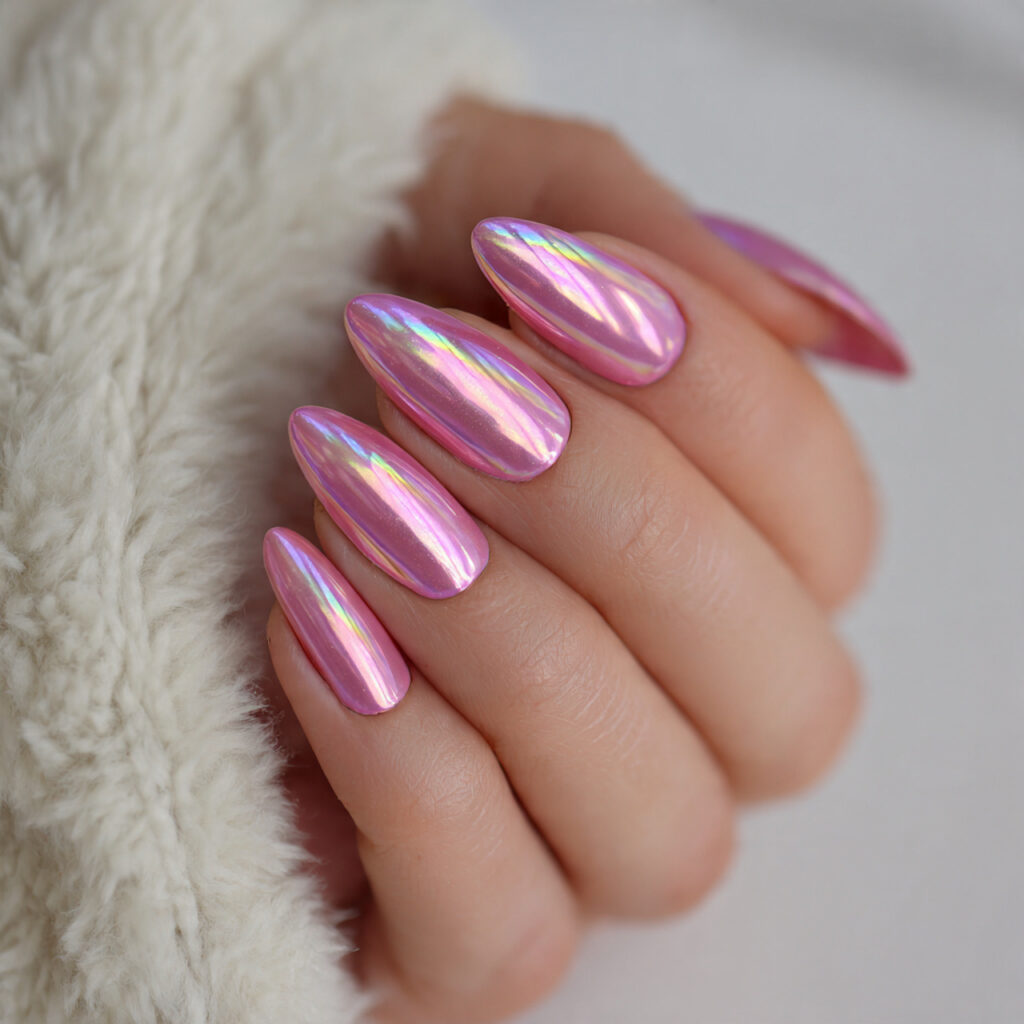 magical valentine nails almond pink through rainbow reflecting