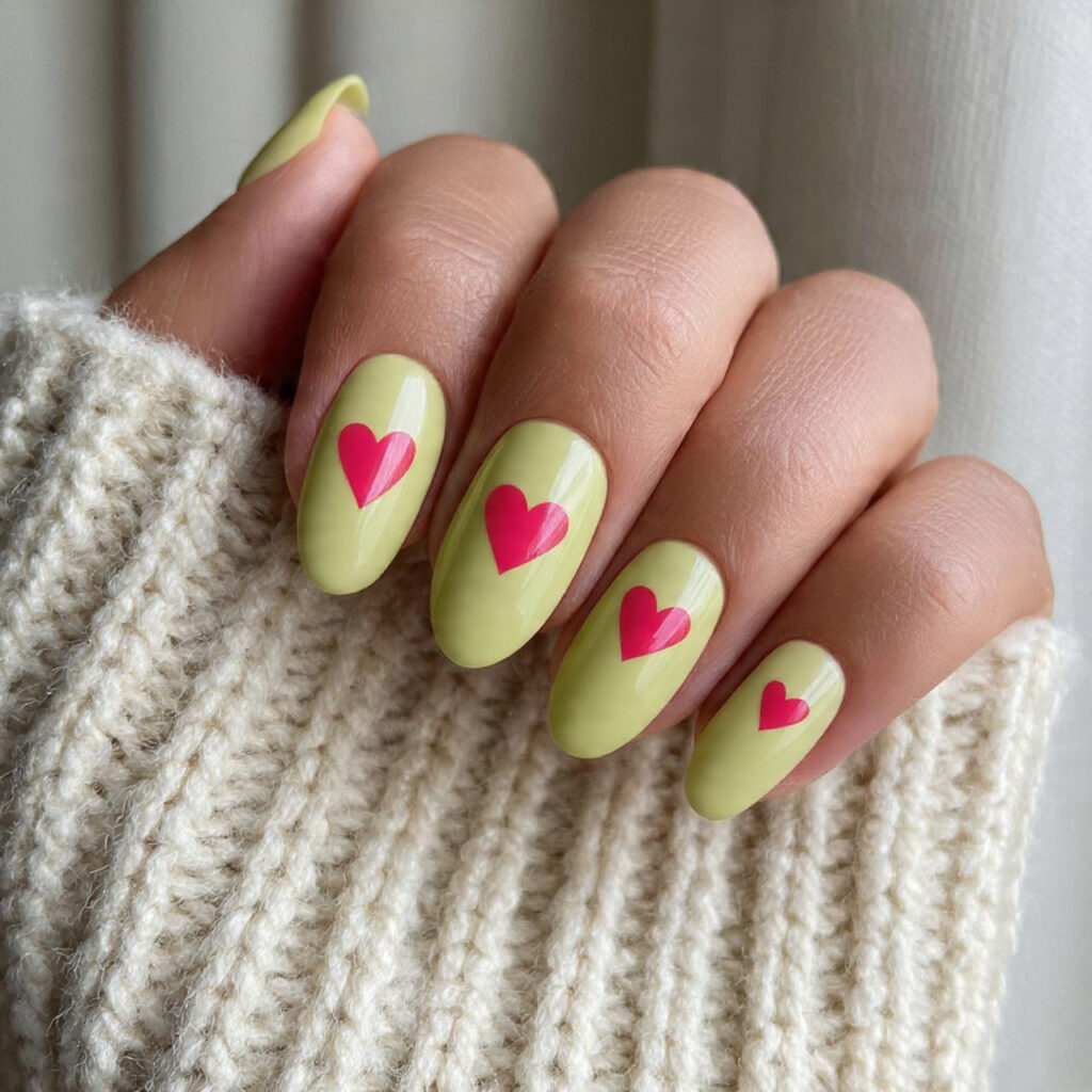 matcha green aesthetic nails with delicate heart