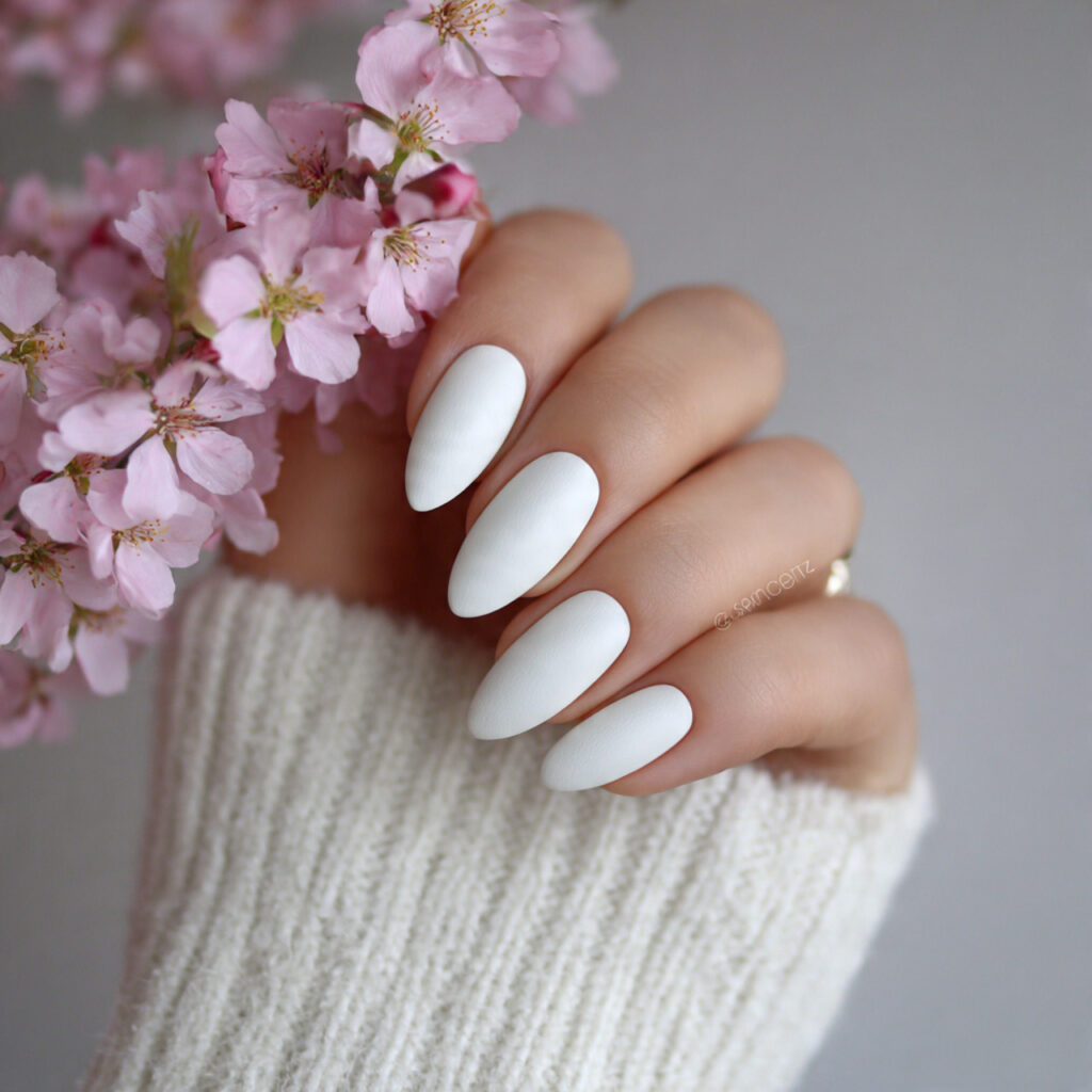 matte almond white nails 1