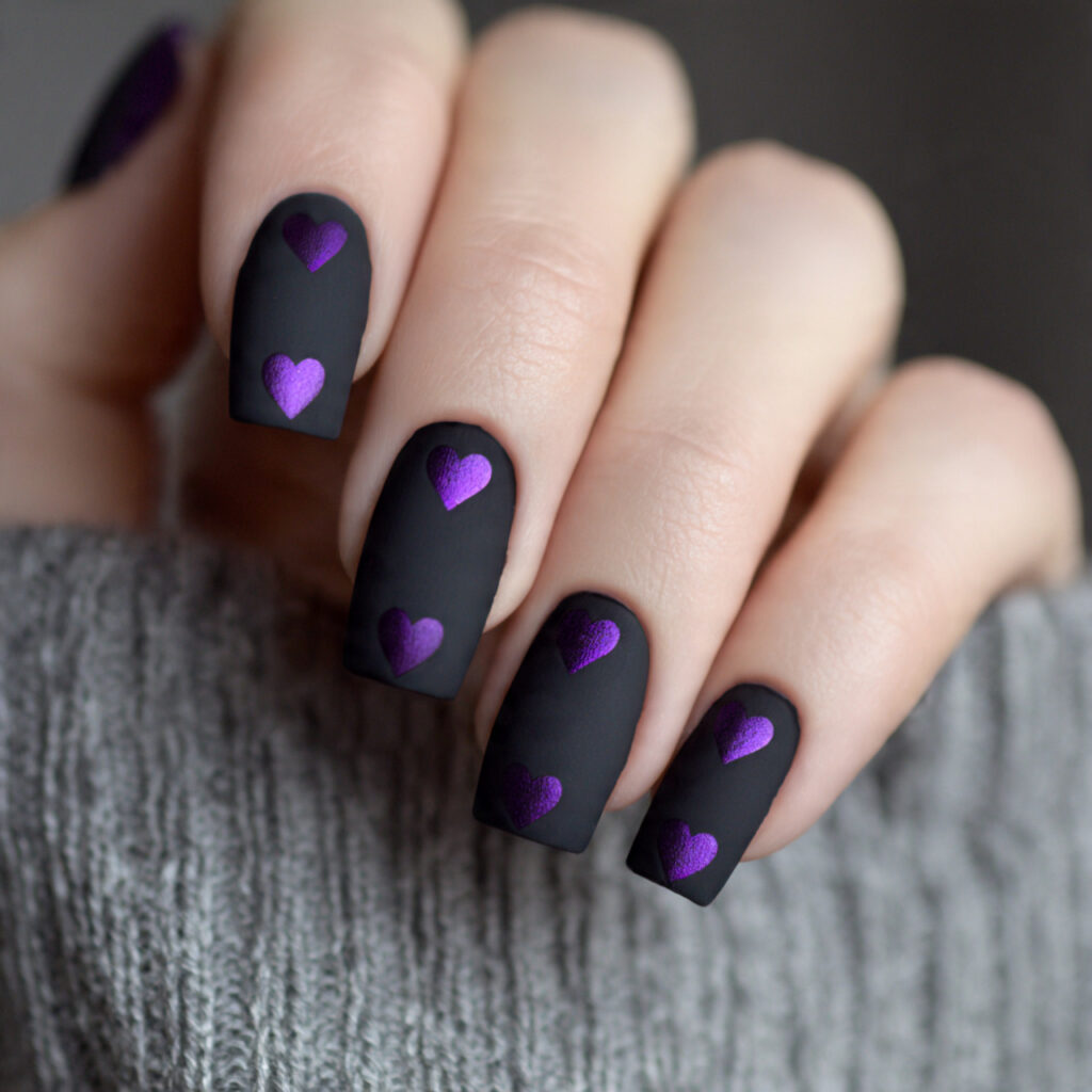 matte black nails with deep purple heart