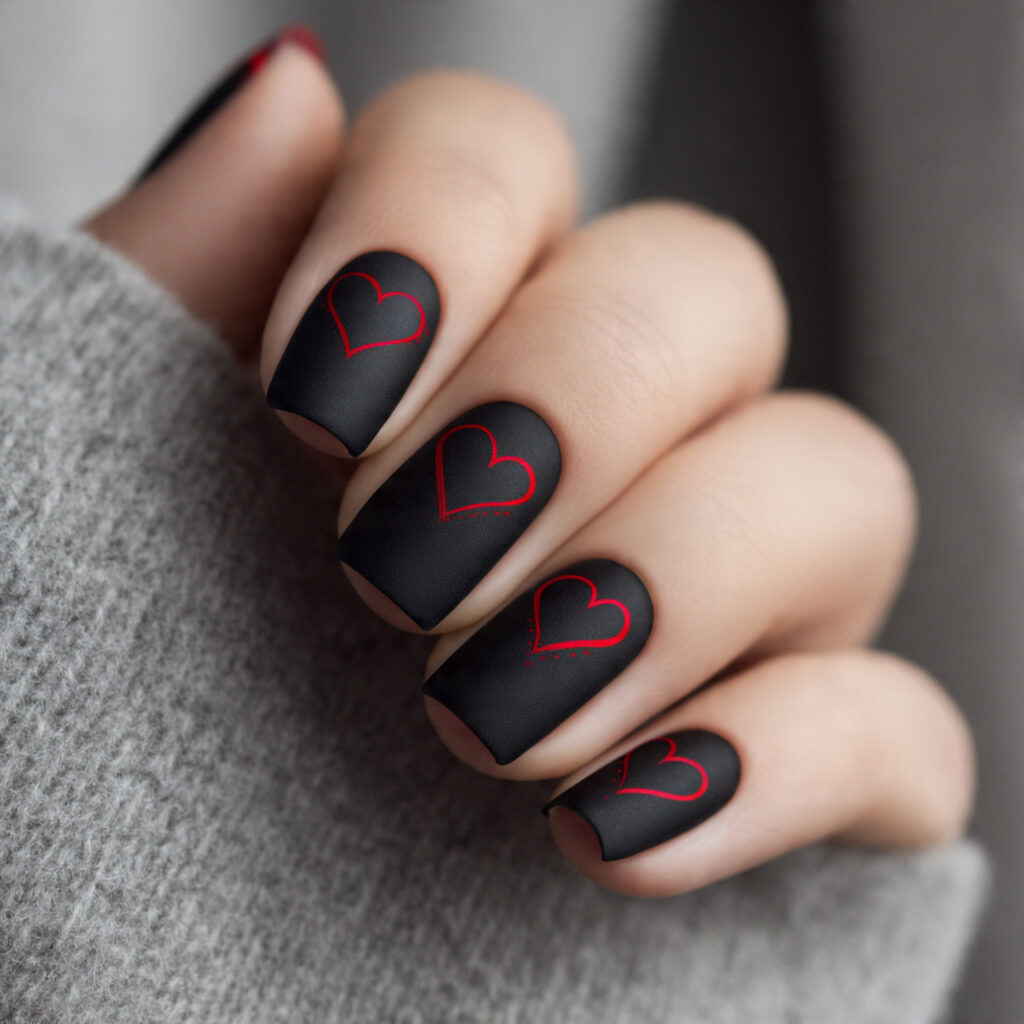 matte black nails with simple red heart