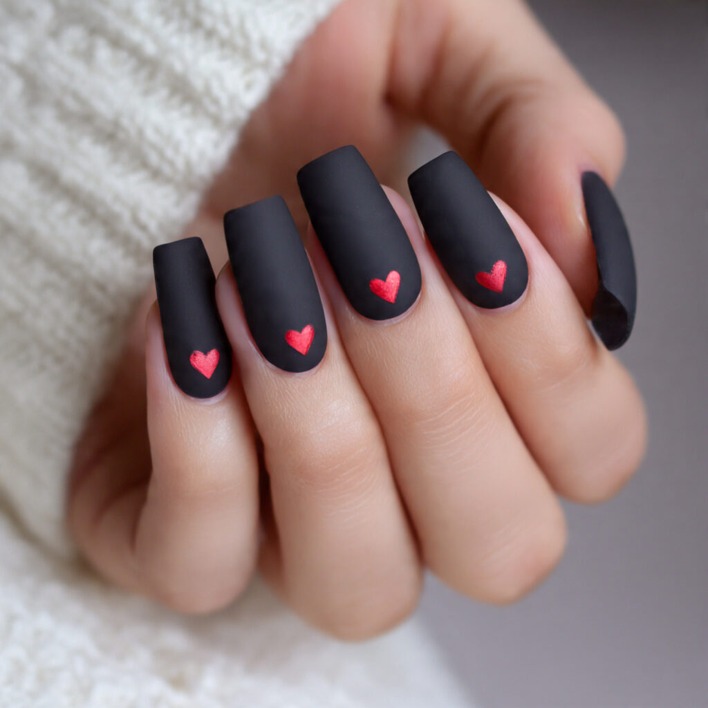 matte coffin valentine nails with hearts feel