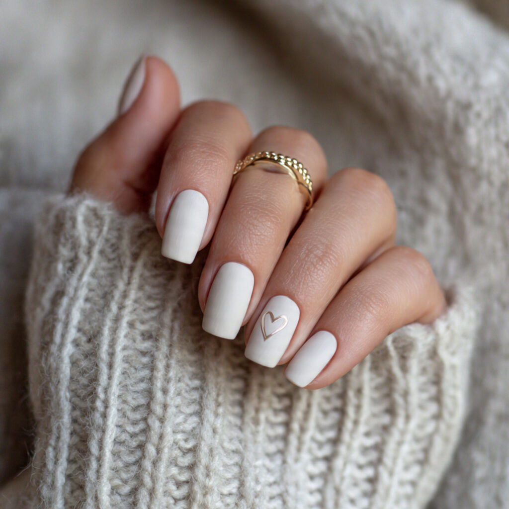 matte cream nails with minimal side heart