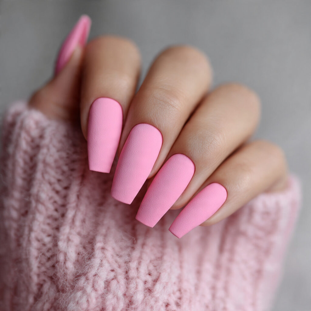 matte pink coffin valentine nails offer softness